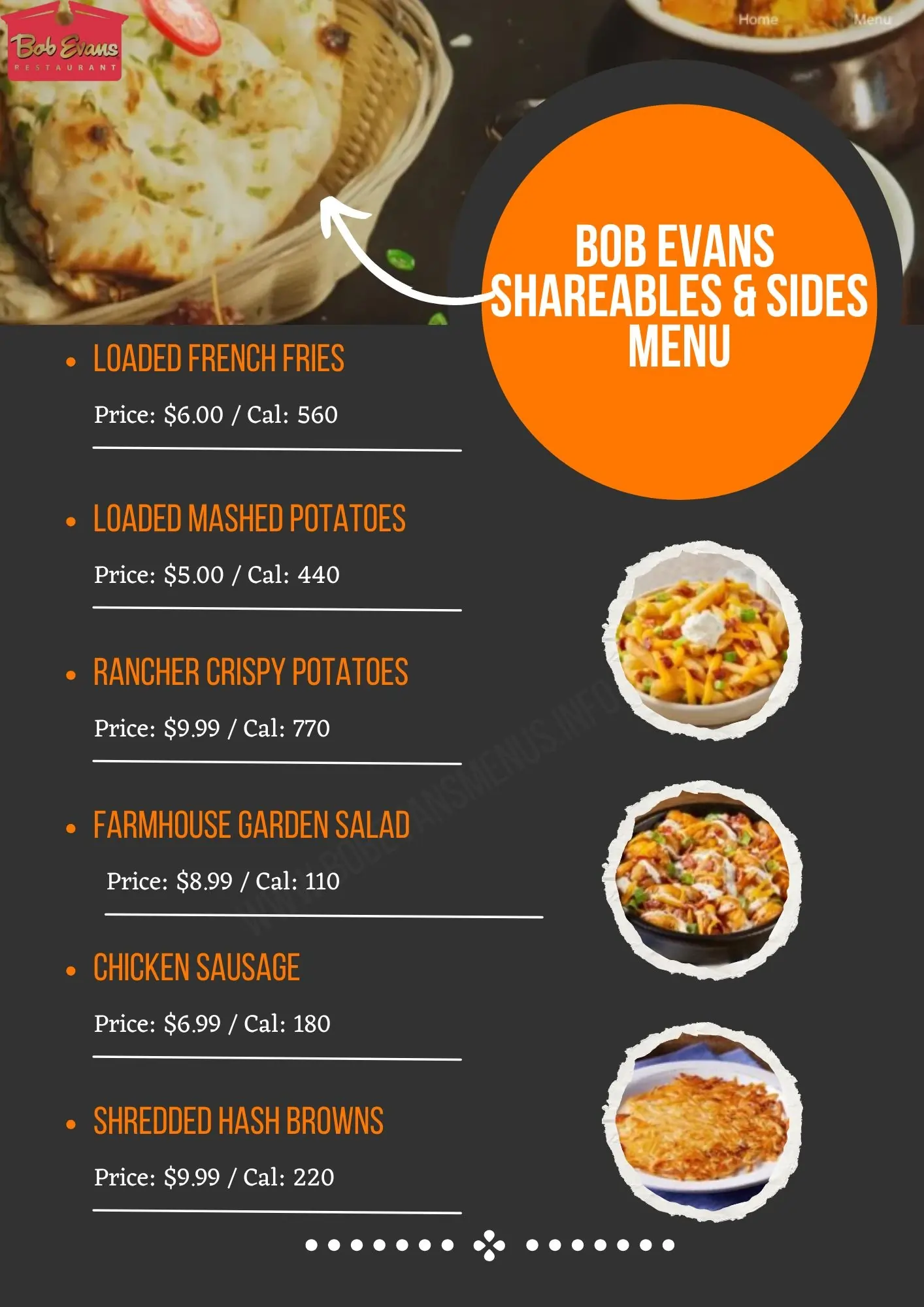 Bob Evans Shareables & Sides Menu